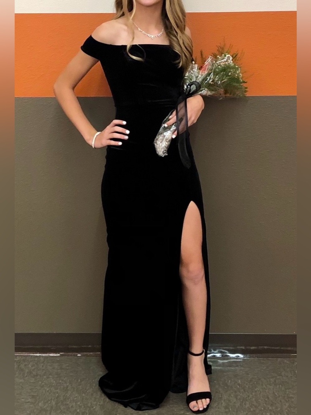 Off-Shoulder Black Velvet Formal Gown with Thigh Slit